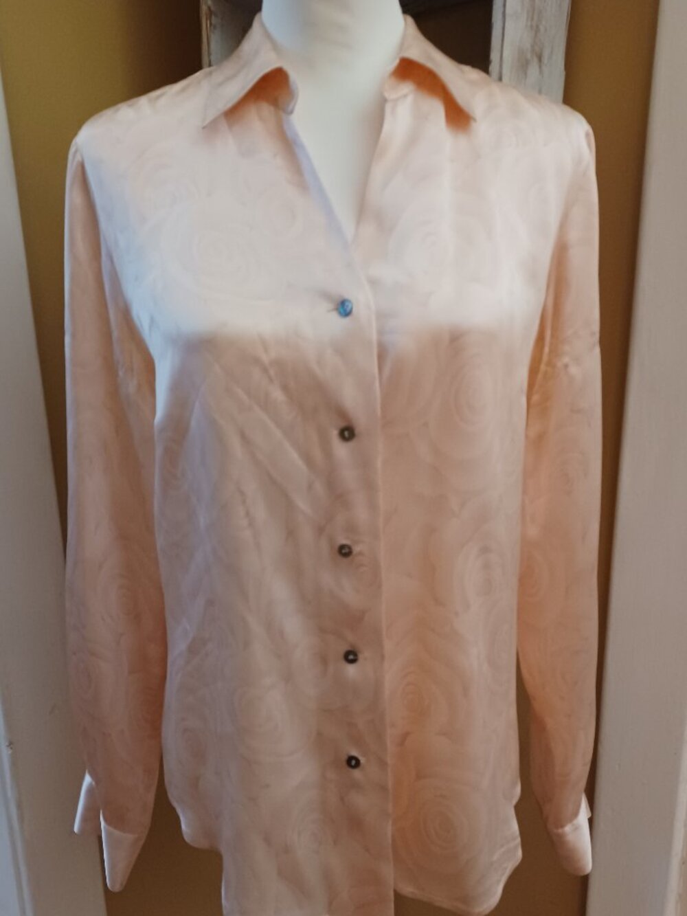 Vintage Kate Hill Silk Jacquard Rose Blouse Pastel Peach Quiet Luxury Size 10